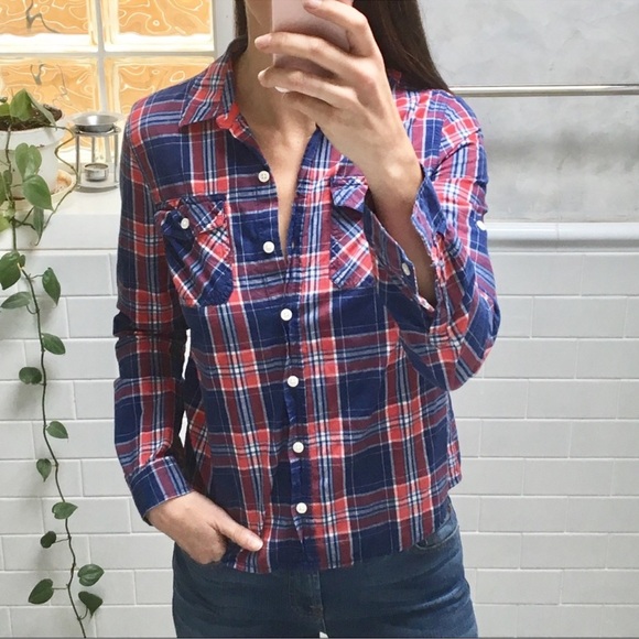 True Religion Collared Western Pocket Red Blue Plaid button up women Shirt large - Picture 3 of 16